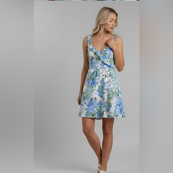 Blue Flower Print Ruffle Hem Mini Cami Dress - Picture 4 of 9
